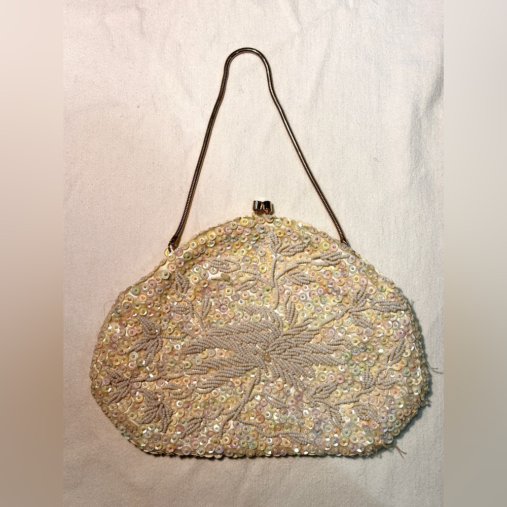 Vintage 1950s 1960s Cream Beaded Clutch with Optional Strap